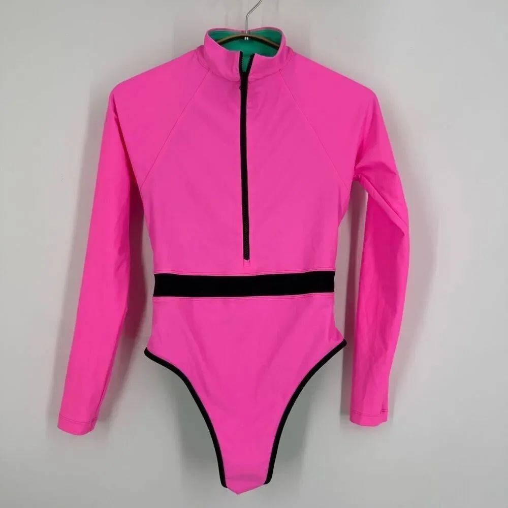 Jolyn x Tiarah Pink Black Zip-Front Long Sleeve One Piece Swimsuit Size Small